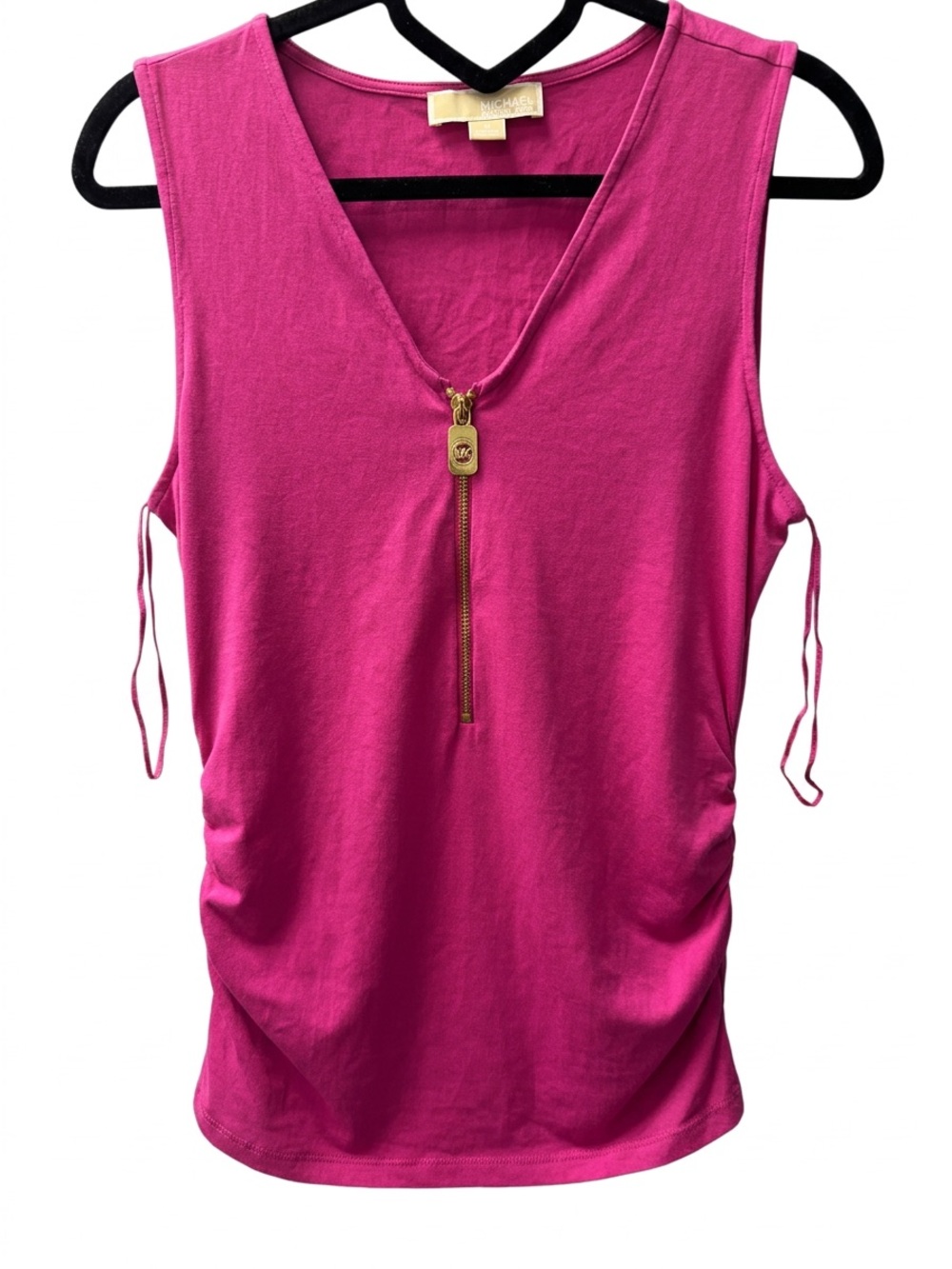 Michael Kors Hot Pink Ruched V-Neck Gold Quarter Zip Tank Top